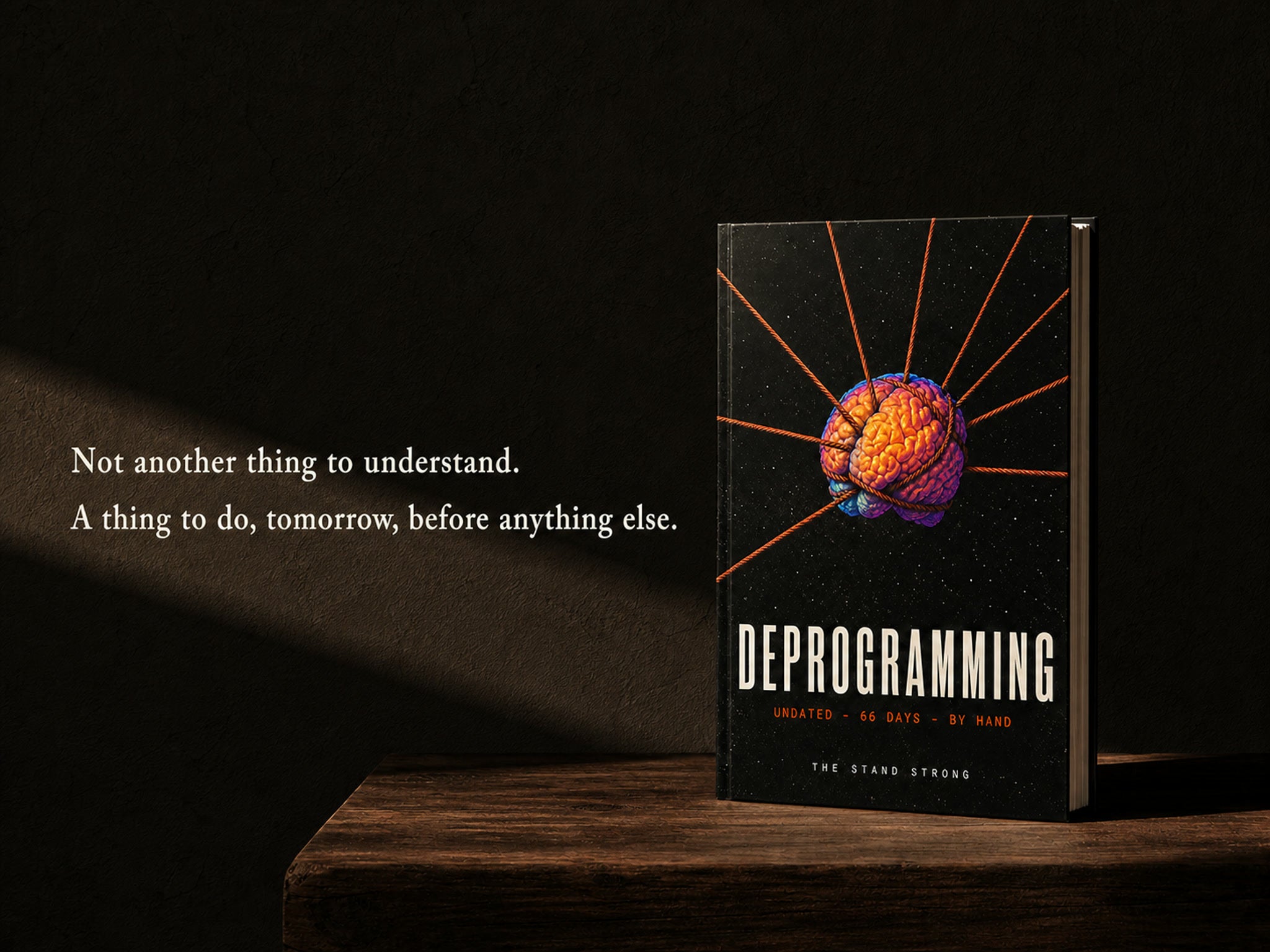 DEPROGRAMMING, closed, on a wooden table in a dark room — its cover shows a brain tethered by radiating terracotta lines.