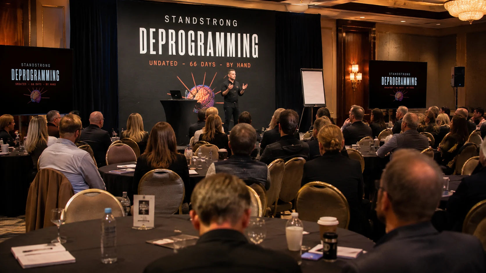 A DEPROGRAMMING session in progress: a full room seated at round tables, facing a speaker on stage beneath the book's cover artwork