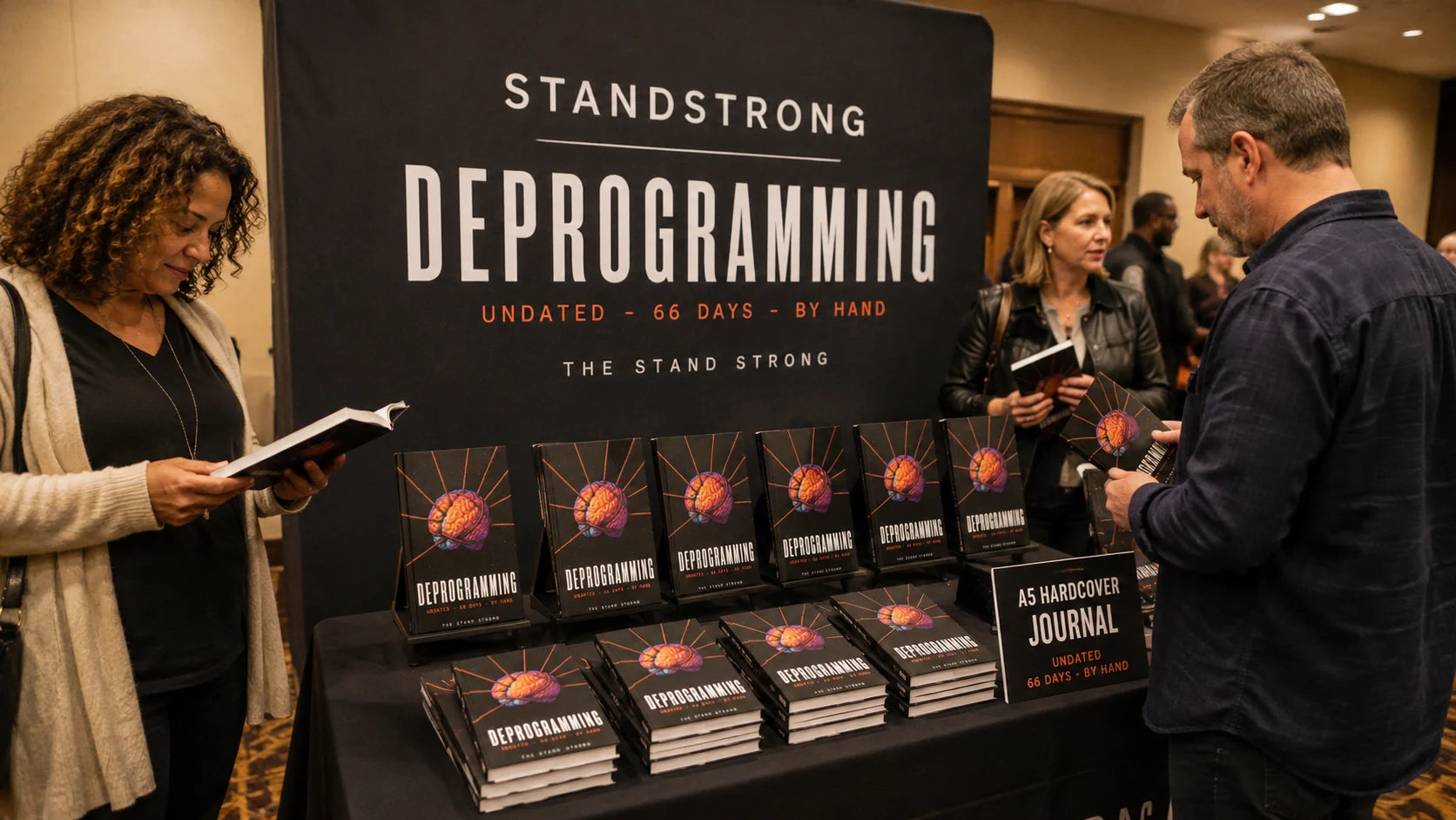 A table of DEPROGRAMMING copies at a seminar, with two attendees looking through them