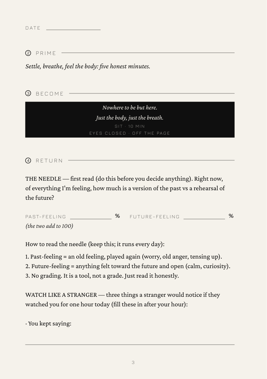 A printed page from Day One, shown with its writing lines empty