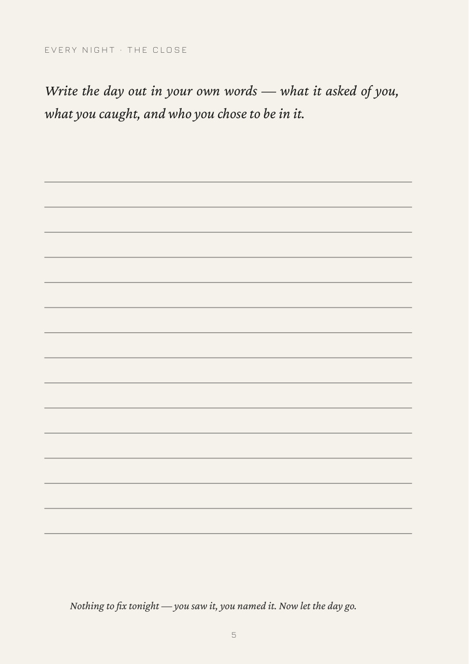 A printed page from Day One, shown with its writing lines empty