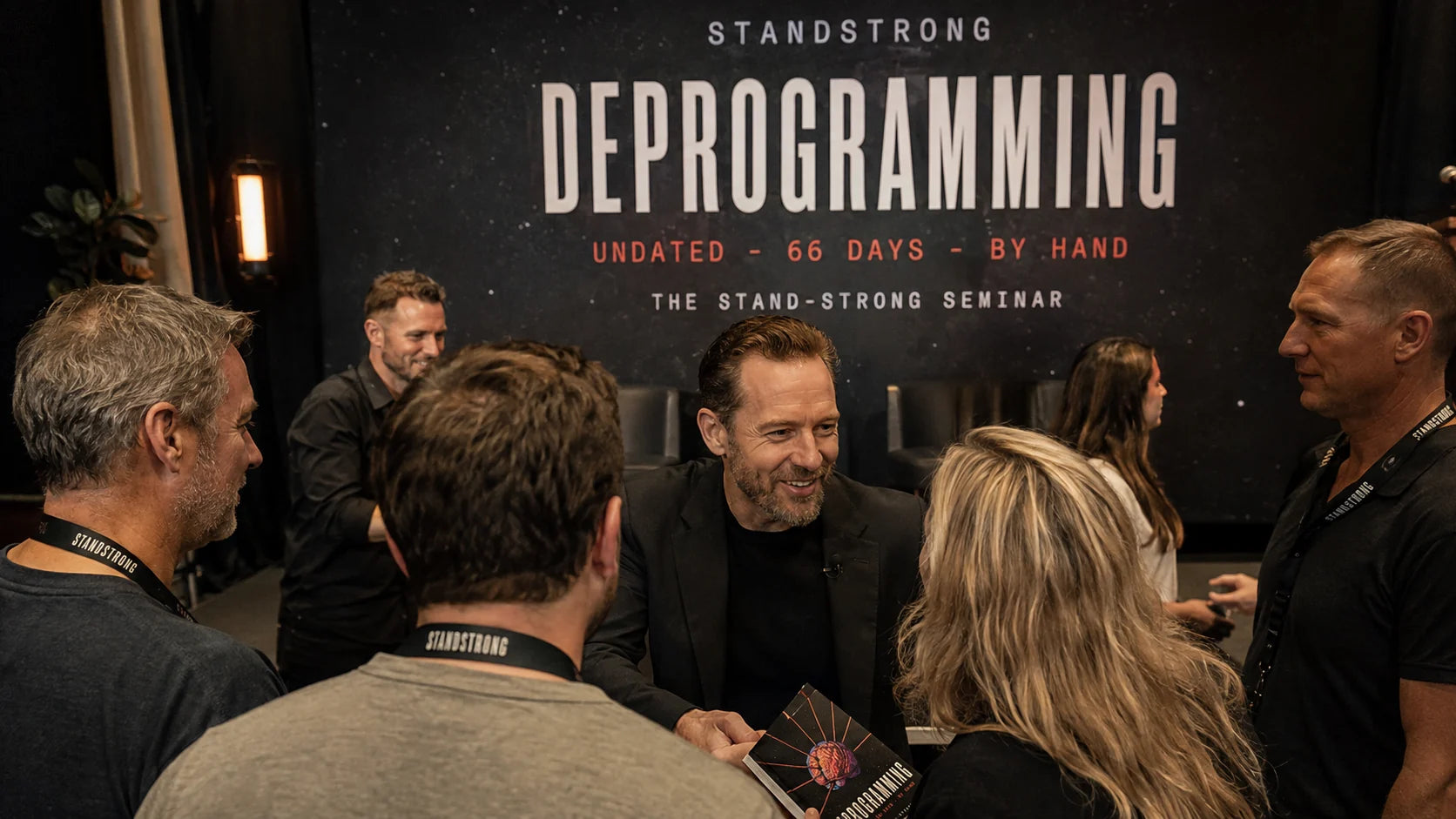 After a DEPROGRAMMING seminar: a small group talking, one of them holding a copy of the book, in front of the event backdrop