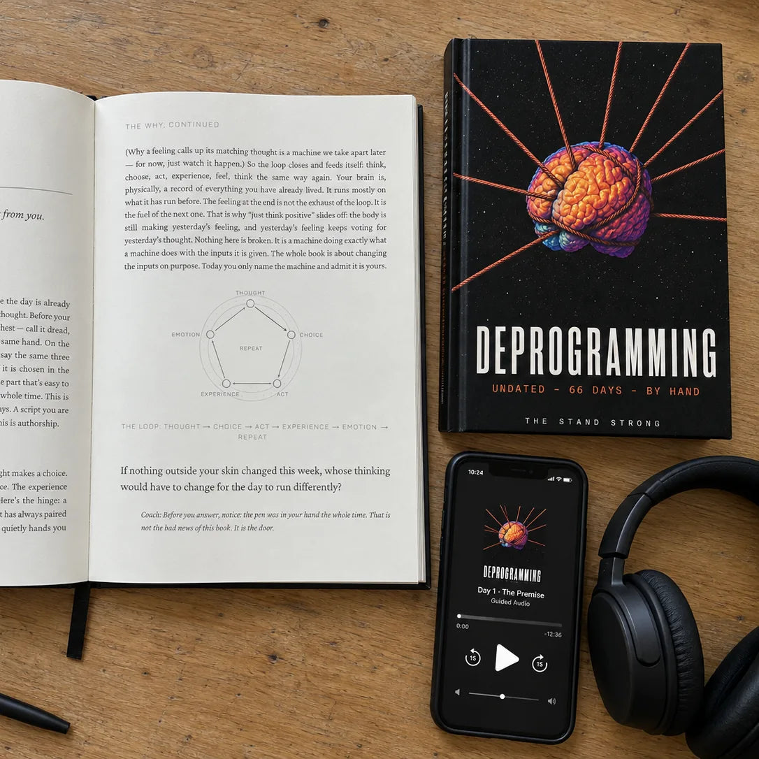 The journal open at a printed day beside the closed cover, with the guided audio playing on a phone.